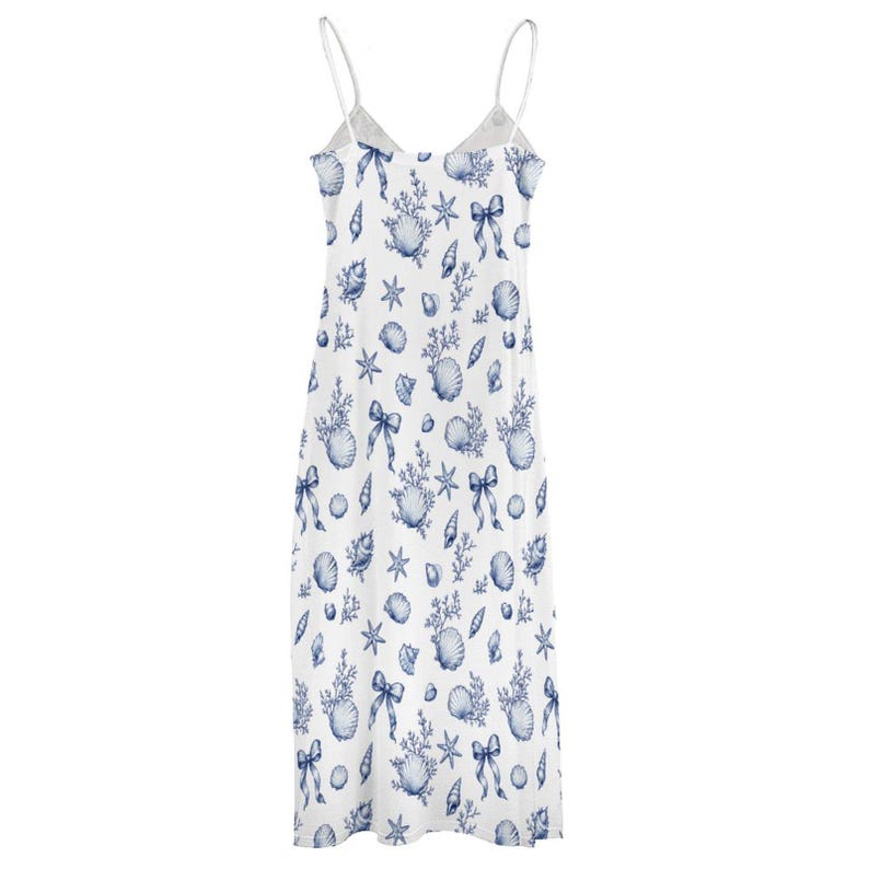 Vestido largo azul con diseño de conchas marinas, vestido veraniego náutico para vacaciones en la playa, vestido de verano fluido sin mangas para mujer. imagen 7