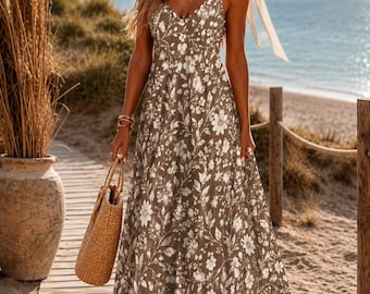 Boho Floral Maxi Dress, Coastal Beach Neutral Cottagecore Sundress, Romantic Vacation Outfit, Beige Floral