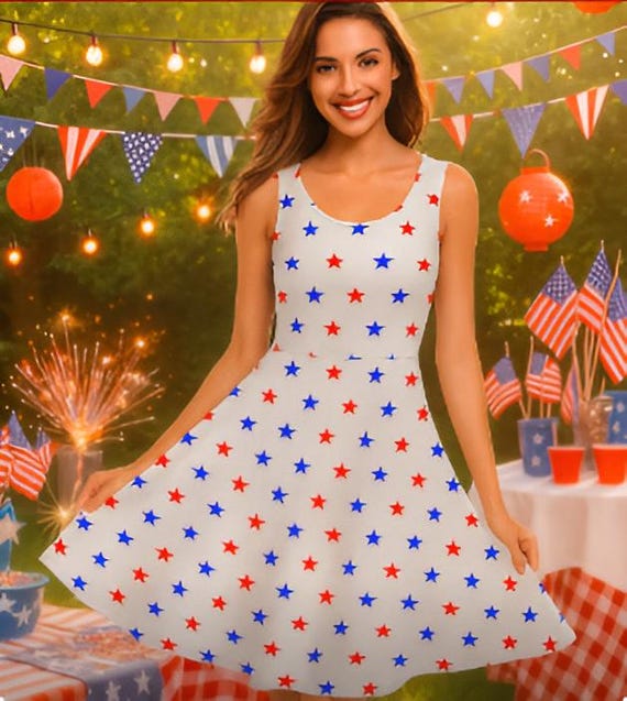 patriotic a-line dress Blue Geometric Skater Dress - Patriotic Abstract Lines - Size S main image 1
