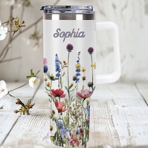 Vaso con flores silvestres aislado de 40 oz con asa y pajita, taza de viaje con flores personalizadas, regalo, vaso con flores silvestres, taza con aislamiento, taza floral