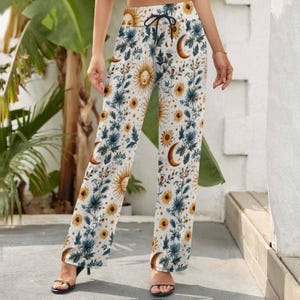 Blue Tropical Floral Wide Leg Pants – Hawaiian Lounge, High Waist Palazzo, Beach Vacation Outfit,