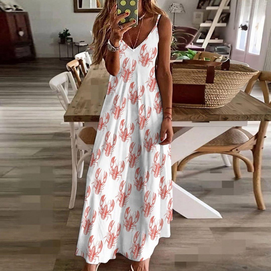 lobster lady dress code Print Ankle-Length Slip Dress: Coastal Summer Style pleated dress women