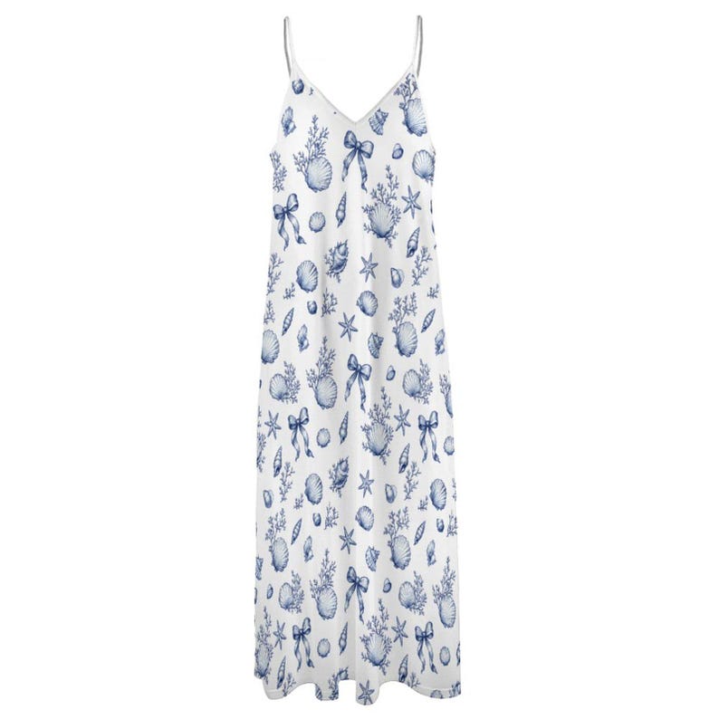 Vestido largo azul con diseño de conchas marinas, vestido veraniego náutico para vacaciones en la playa, vestido de verano fluido sin mangas para mujer. imagen 6