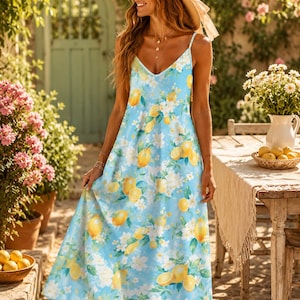 May include: A light blue sundress with a lemon and floral pattern. The dress features a V-neck and spaghetti straps. A straw hat with a ribbon is worn. The background shows a garden with flowers and a table.