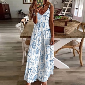 Oyster Seashell Print Slip Dress: Coastalcore Ankle-Length Dress