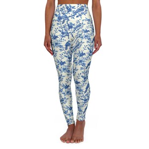 Yoga Leggings, Blue White Floral Birds Chinoiserie Leggings, Active Wear, Workout Pants, Stretchy Gym Leggings, Exercise Tights