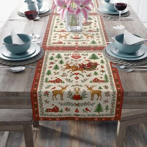 Nordic Reindeer Santa Sleigh Christmas Table Runner, Woodland Folk Art
