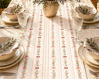 Vintage Cottagecore Floral Stripe Table Runner | Boho Cherry Blossom Tablecloth