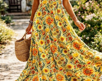 Sukienka maxi w kwiaty w stylu vintage, styl boho, lato, żółta sukienka w stylu preriowym