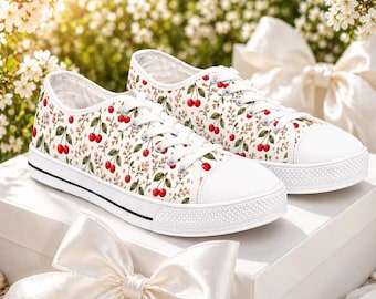Zapatillas bajas para mujer con estampado de flores de cerezo / Zapatos con estampado floral de cerezas