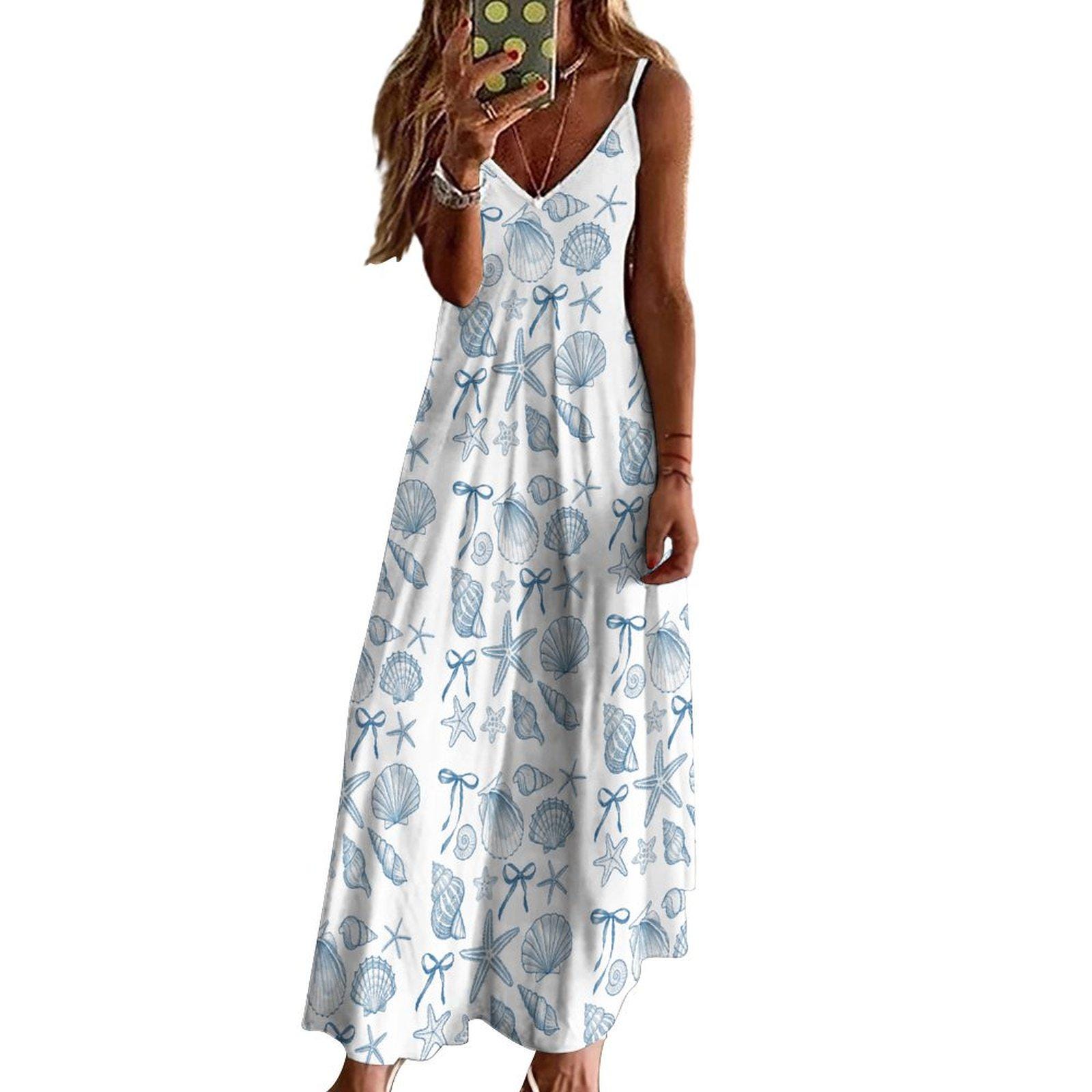 Coastal Shell Print Slip Dress - Ankle Length Summer Beach Dress - Nautical Seashell Dress - Boho Vacation Outfit