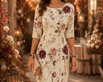 Romantic Floral Midi Dress, Vintage Botanical Autumn Wedding Guest Outfit