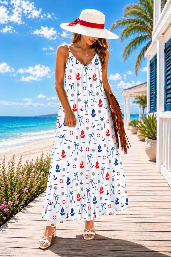 Nautical Summer Maxi Dress Women, Coastal Beach Sundress, Sailboat Vacation Outfit, Resort Wear, Lightweight