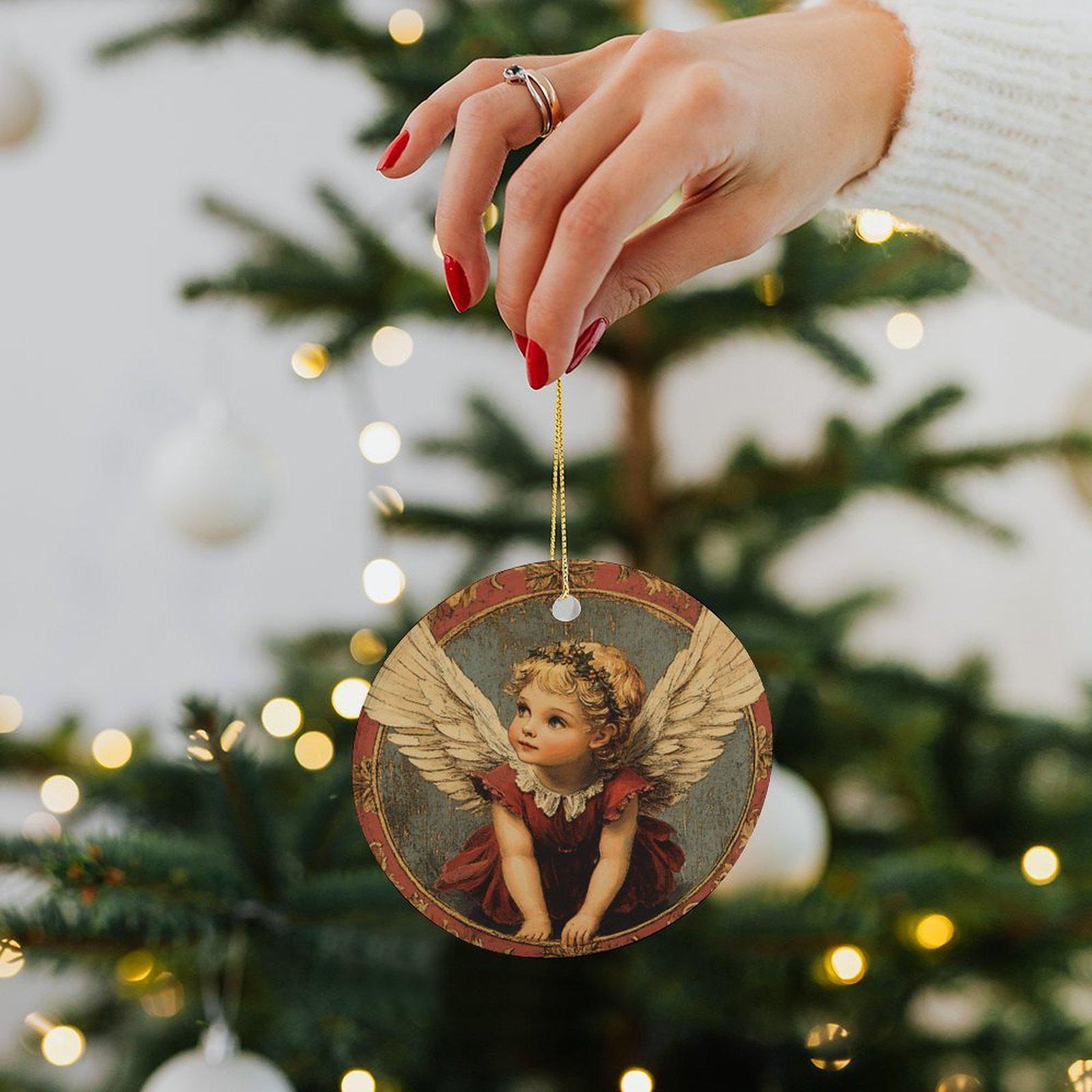 ヴィンテージの赤いクリスマスエンジェルオーナメント：陶器製の天使の 