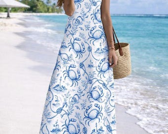 Blue Crab Coastal Maxi Dress, Nautical Beach, Blue White, Ocean Sundress, Resort Vacation Outfit