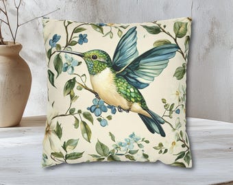 Hummingbird Pillowcase: Botanical Floral Cushion Cover, Boho Decor