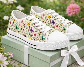 Cottagecore Butterfly Floral Sneakers, Vintage Wildflower Shoes, Boho Garden Feminine Spring Shoes,