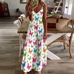 Butterfly Print Slip Dress: Vibrant Summer Ankle-Length Polyester