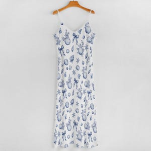 Vestido largo azul con diseño de conchas marinas, vestido veraniego náutico para vacaciones en la playa, vestido de verano fluido sin mangas para mujer. imagen 5