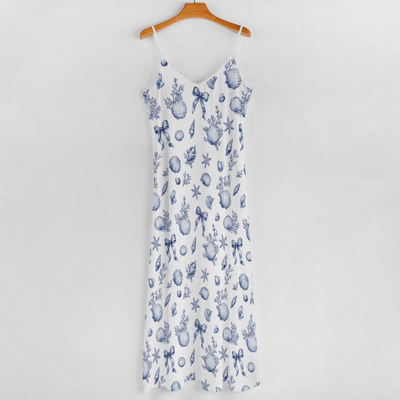 Vestido largo azul con diseño de conchas marinas, vestido veraniego náutico para vacaciones en la playa, vestido de verano fluido sin mangas para mujer. imagen 5