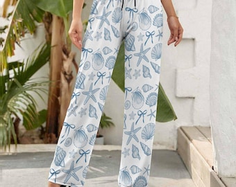 Coastal Shell Print Wide Leg Pants, Beach Outfit, Nautical Relaxed Resort Wear, Ocean Lounge