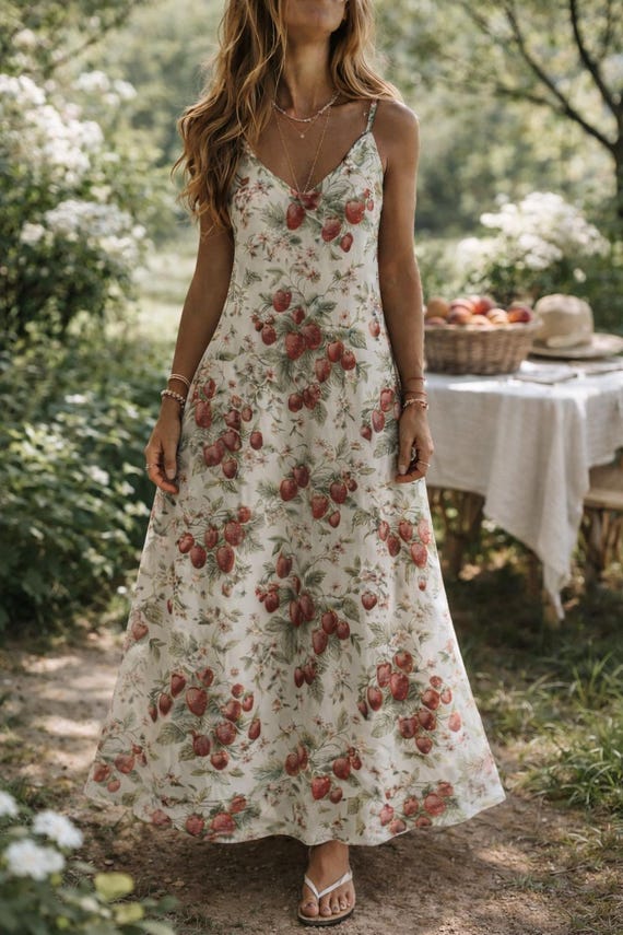 strawberry dress cottagecore Floral Maxi Dress, Summer, Vintage Botanical Sundress, Ivory Strawberry Boho Slip Yellow Sleeveless cocktail Party ldw23 Fresh strawberry theme 颜色:Blue