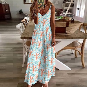 Elegant trendy colorful Lobster & Starfish Print Ankle-Length Dress: Coastal Style