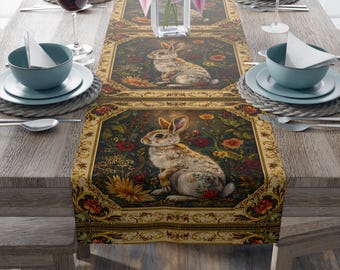 Viktorianischer Osterhasen Tischläufer | Frühlings-/Cottagecore-Blumen-Kaninchen-Vignette