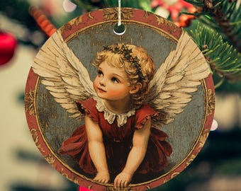 Vintage Red Christmas Angel Ornament: Ceramic Cherub Figurine
