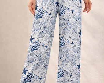 Vintage Coastal Palazzo Pants – Blue White Seashell & Starfish – Women’s Beach – Boho Wide Leg Trousers