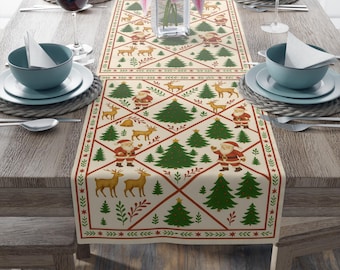 Scandinavian Woodland Pattern Table Runner | Pine Trees Moose Snowflakes