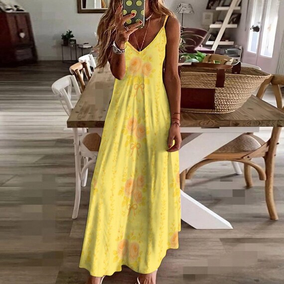 Butter Yellow Rose Pattern Slip Dress: Romantic Ankle-length Dress