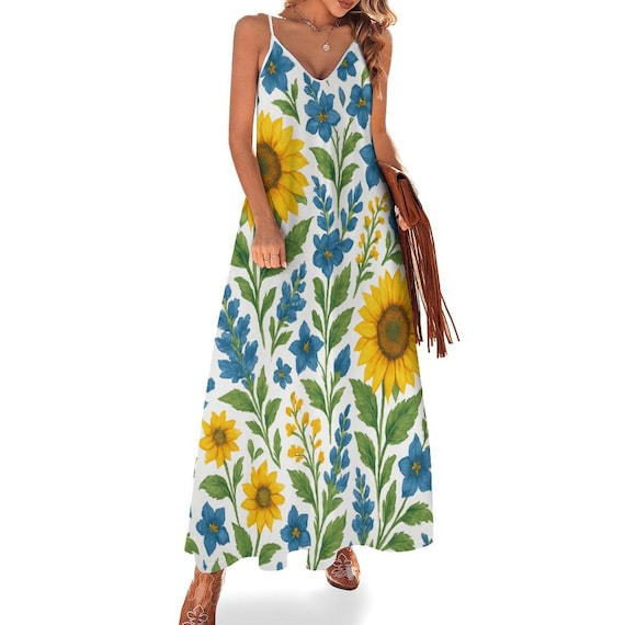 Vestido largo lencero con estampado de girasoles: estampado floral