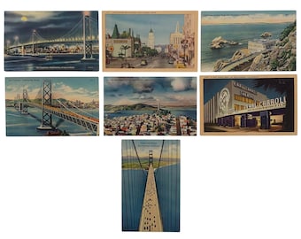 Set med 7 vykort, vintagebroar i San Francisco, Kalifornien från 1940-talet, oanvända