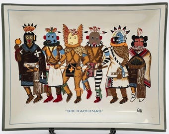 Sex Kachinas Hopi-tallrik - Vitbjörnskonst - Barry Goldwater-samlingen 1964 VTG