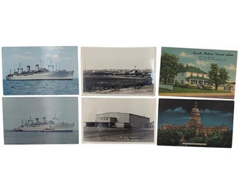 Vykort från 1930- och 1940-talen, set om 6 - Vintagefartyg, WWII Camp, TX Capitol