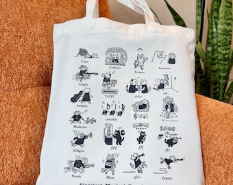Musical Terminology Tote Bag with zipper and inner pocket, Music cat tote bag, cute music class cartoon canvas tote bag gift for musicians
