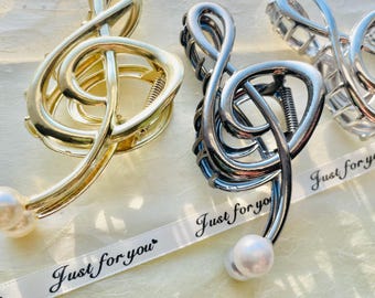 Treble Clef Claw Hair Claw, with free gift wrap, Golden Music Note Hair Clip, Silver Pearl Music Theme Hair Clip,  Big Claw Pearl Hair Clip