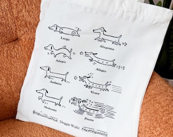 Doggie Waltz Musical Terminology Tote Bag with zipper and inner pocket, Cartoon music element tote bag gift for music teachers kids