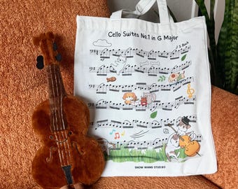 Bach Cello Suite Sheet Music Tote Bag, Cute cat and dog music score tote bag, gift for musicians, gift for cellist