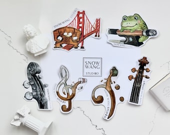 Music Theme Sticker Set, Violin/Viola Vinyl Sticker Set, Violin Frog Sticker, Treble Clef Sticker, Music and Coffee Sticker