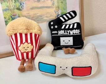 Clapperboard Plush Toy, movie theme plush toy, pop corn plush toy, 3D glasses plush toy, movie director  movie lover gift, film maker gift