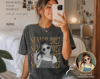 Custom Vintage Photo And Year Senior T-Shirt, Sweatshirt or Crop | Personalized Class of 2027 Graduation Picture