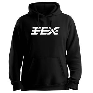 May include: Black hooded sweatshirt with a white "FEX" logo across the chest. The sweatshirt has a front pocket and a drawstring hood. The logo is a stylized, geometric design.