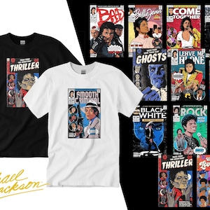 May include: A black t-shirt featuring a Thriller comic book graphic and a white t-shirt featuring a Smooth Criminal comic book graphic, surrounded by a collection of various Michael Jackson comic book covers including Bad, Billie Jean, and Ghosts.