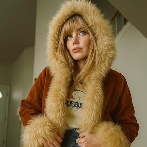 May include: A brown suede coat with a faux fur trim around the hood, cuffs, and front. The coat has a vintage aesthetic. The person is wearing a light-colored t-shirt with the word "REBEL" printed on it and blue jeans.