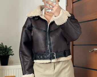 Women’s Sheepskin Shearling Leather Bomber – Brown B3 Aviator Jacket with Fur Collar, Handmade Winter Coat Gift for Her