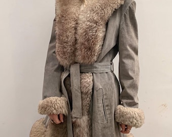 Women's Grey Penny Lane Coat Afghan Suede Leather Coat Handmade Fur Coat 70s Long Coat Vintage Trench Coat Boho Hippie Coat Gift for her