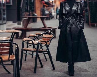 Handmade Black Sheepskin Leather Trench Coat: 90s Gothic Overcoat