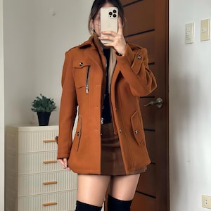 Women&#39;s Wool Long Coat – Handmade 70s Vintage Style Brown Mid-Length Coat, Oversized Winter Outerwear for Her | Elegant Gift for Her
